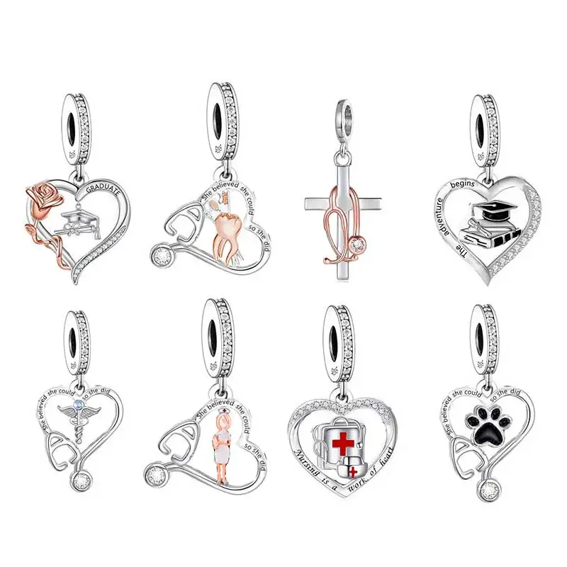 Fit Original Pan Charm Bracelet 925 Silver Veterinary Registered RN Nurse Dentistry Caduceus Bead For Making Graduation Berloque