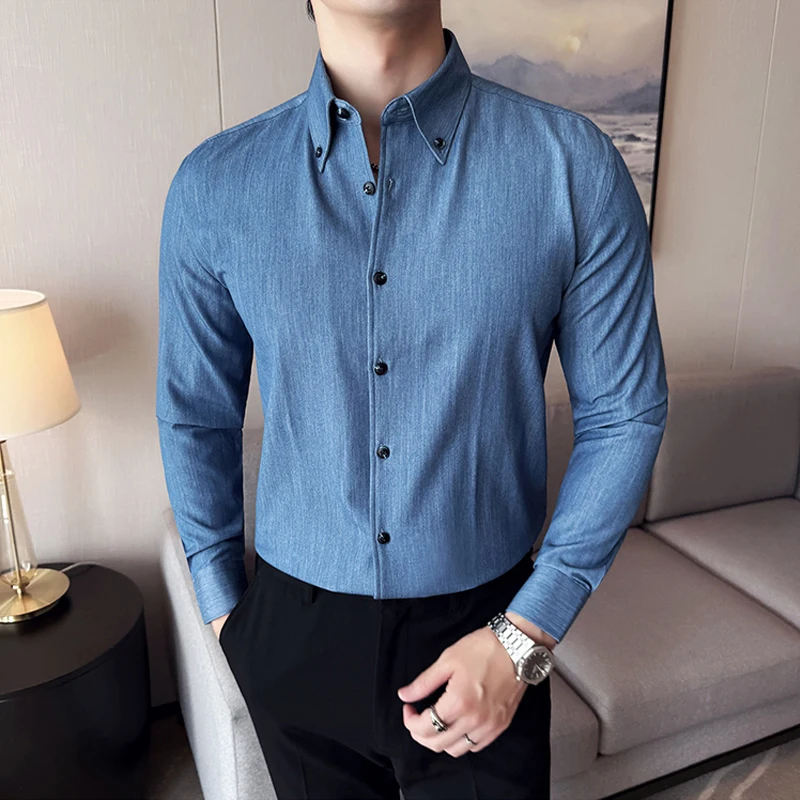 

Элегантные деловые рубашки в стиле ретро для мужчин, осенние облегающие рубашки с длинными рукавами, деловая повседневная мужская рубашка, эластичная социальная рабочая одежда, классические блузки