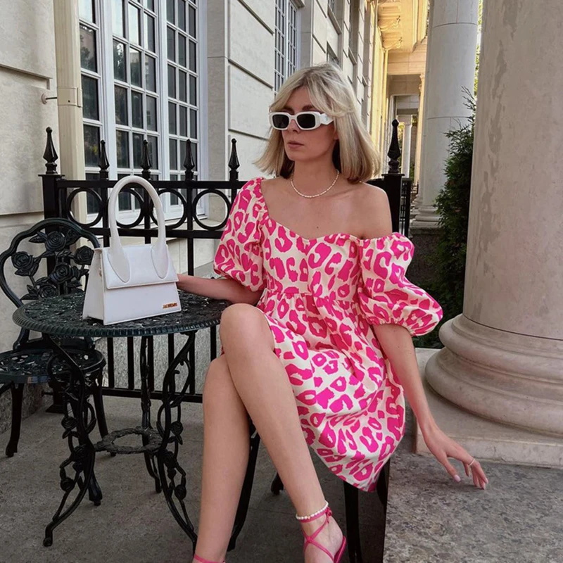

Fashion Printing Loose Short Dresses Spring Women Square Neckline Puff Sleeve Zipper Dress Autumn High Waist Pullover Mini Dress