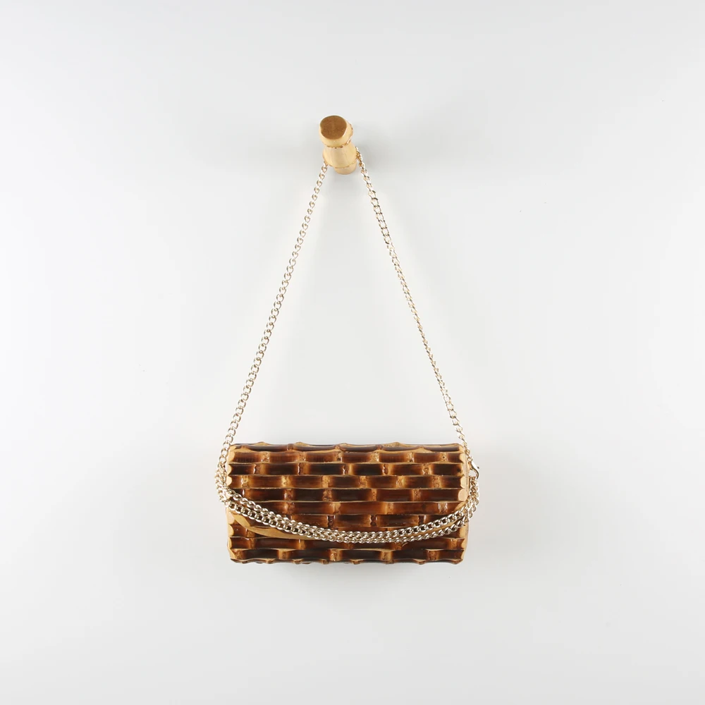 Long Chain Vintage Retro Wood Rattan Straw Evening Bag Unique Handmade Black Bamboo Root Cross Body Messenger Shoulder Bag