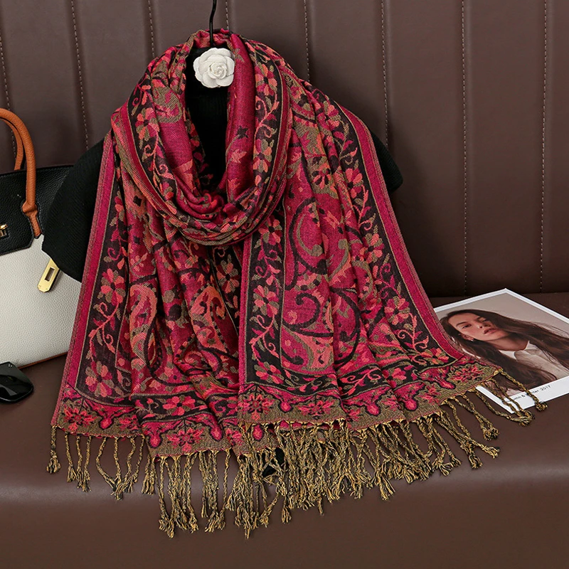 Syal Jacquard Halus Wanita Syal Berumbai Gaya Etnik Syal Panjang Lembut dan Pembungkus untuk Wanita Bufandas