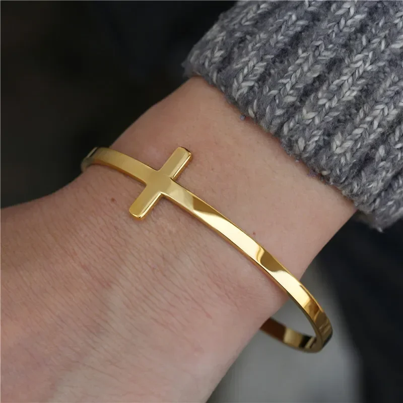 Trendy Silverly Simple Cross Cuff Bracelet Stainless Steel Sideways Open Cuff Bracelets Bangle For Women Men Unisex Jewelry Gift