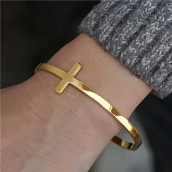 Trendy Silverly Simple Cross Cuff Bracelet Stainless Steel Sideways Open Cuff Bracelets Bangle For Women Men Unisex Jewelry Gift