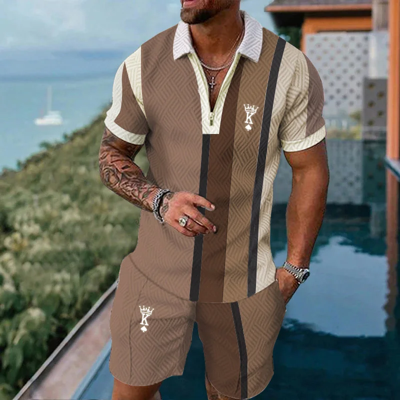 

Casual Simple Men's Short Sleeve Sets Fashion Zipper Polo Shirts Shorts 2 Piece Outfit Summer Hip Hop Trend Loose Tees Top Suit