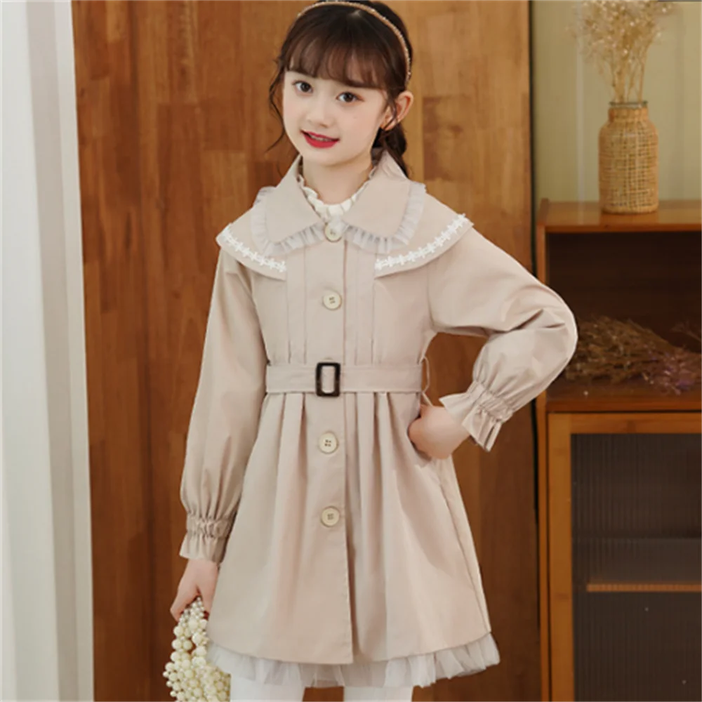 Girls Long Trench Coats Autumn Fashion Doll Collar kids  jacket Children's Clothing 2 4 6 8T