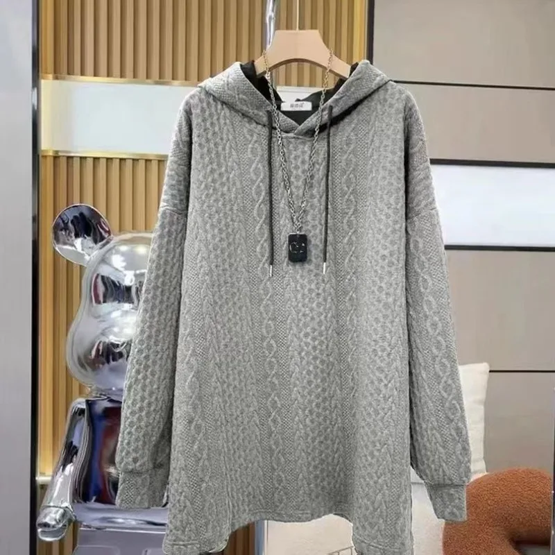 2023 Autumn/Winter Women's Solid Color Pullover Long Sleeve Drawstring Screw Thread Hooded Fashion Casual Commuter Sweater Tops