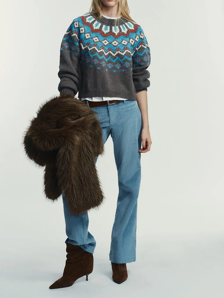 

Sweet Faionable Knitted Sweater round Ne Long Sve Embroidered New Arrival Winter 2025 Casual Loose Fit Geometric Pattern