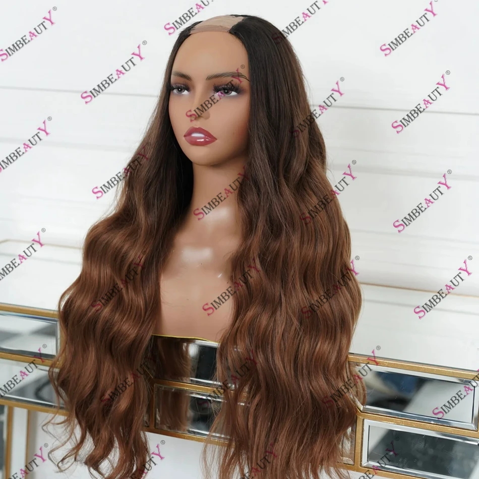 

Golden Blonde Brown Root Ombre Human Hair U Part Wig for Women 250 Density Body Wave 1X4 V Part Wig with Clips&Combs Remy Indian