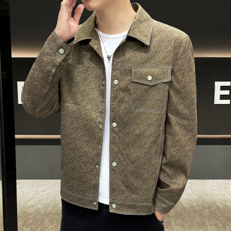 

2025 Autumn Letter Printed Lapel Jacket Men Simple Trendy Casual Jackets Slim Fit Windproof Business Social Coats Men Clothing