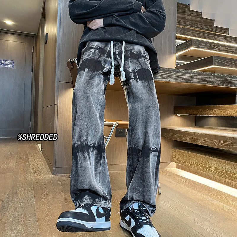 

Tie-dyed Jeans Mens Hip Hop Pants Drawstring Denim Pants Retro Straight Pants Mans Baggy Jeans Wide Leg Black Jeans Streetwear