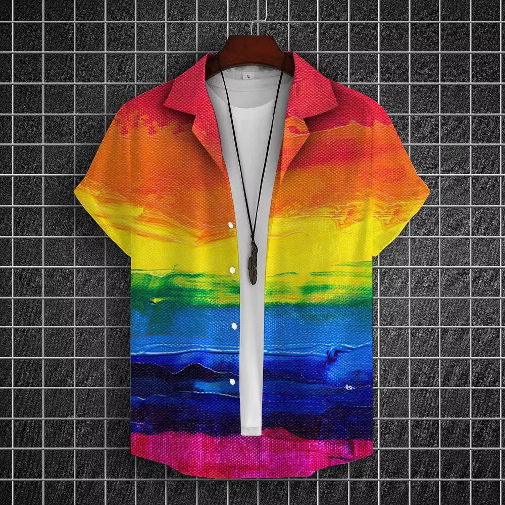 Summer Men'S Shirt Rainbow Print Short Sleeve Top Fashion Simple High Quality Men Clothing Loose Oversized Hawaiian Shirts