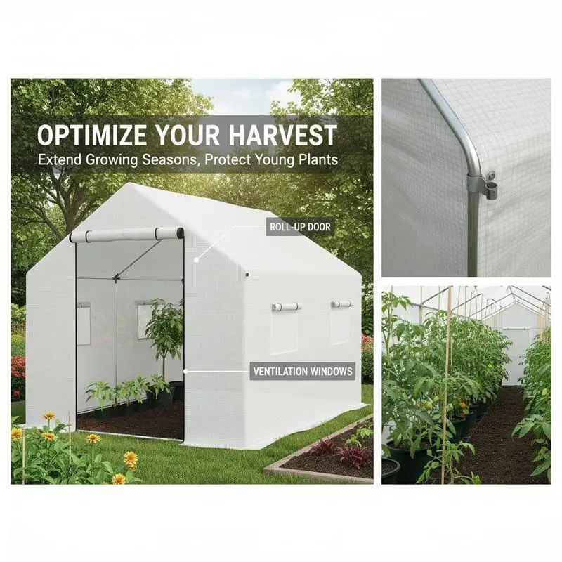 Serre tunnel de jardin 2 x 3 m, 6 m² avec porte à enroulement, 4 fenêtres - Acier galvanisé PE haute densité blanc