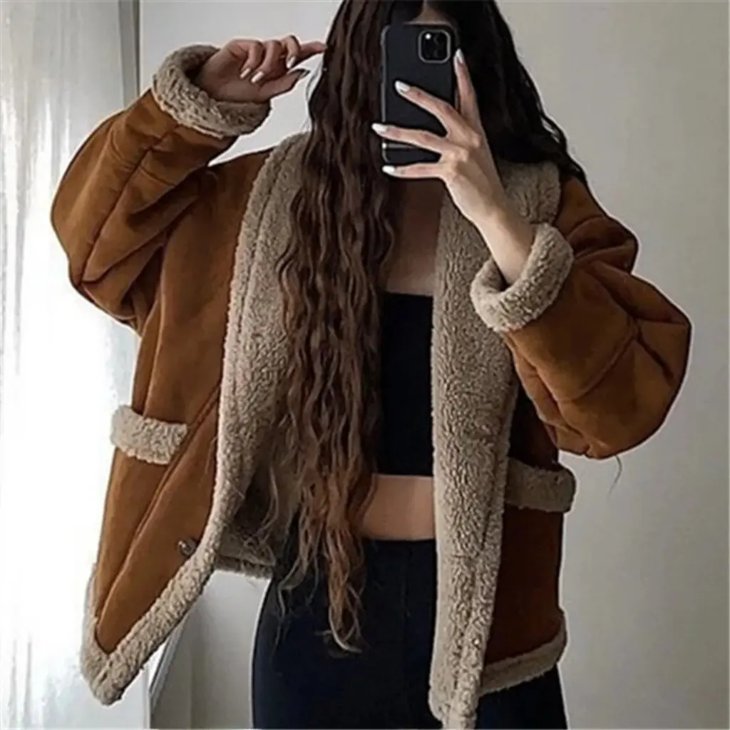 

Корейский винтажный женский замшевый меховой костюм из утолщенного меха ягненка, мотоциклетный костюм на осень-зиму, модная верхняя одежда