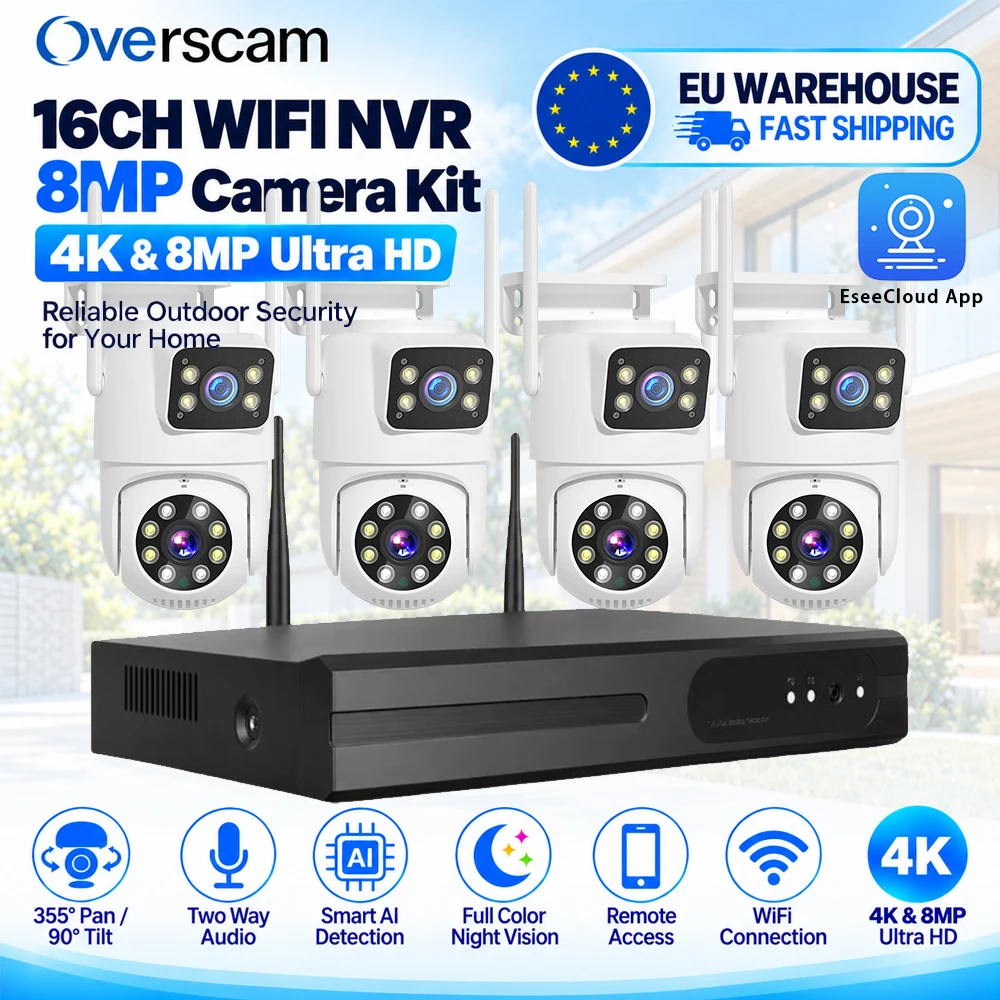 16-Kanal-WLAN-NVR-Kamerasystem, 4K, 8 MP, 2-Kamera-Set, Dual-Objektiv-PTZ, kabellose Sicherheitskameras mit Zwei-Wege-Audio, KI-basierter Bewegungserkennung, Infrarot-Nachtsicht, mobiler Fernzugriff,