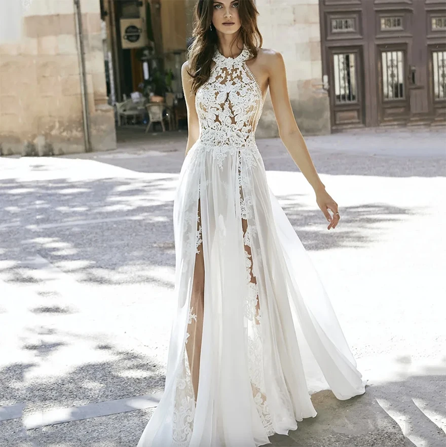 

Sexy Backless Beach Wedding Dress Halter Neck Sleeveless Lace And Chiffon Long Bridal Gowns Summer Bohemian Illusion Vestido De