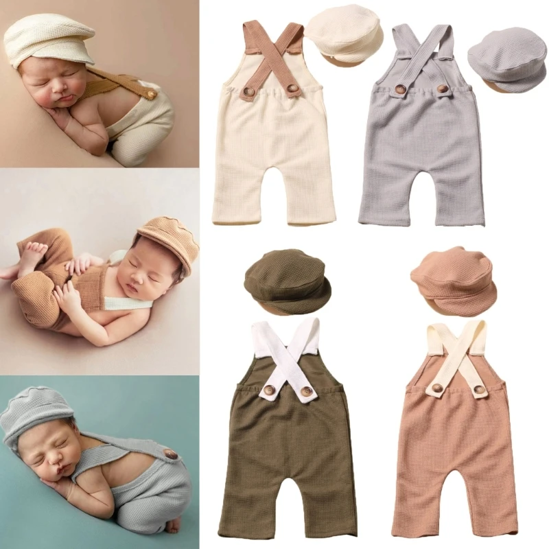 

Baby Suspender Pants+Beret Hat Set for Newborn Photography Props Clothes Gentleman Vintage Long Pants Bonnet Photo Posing Outfit