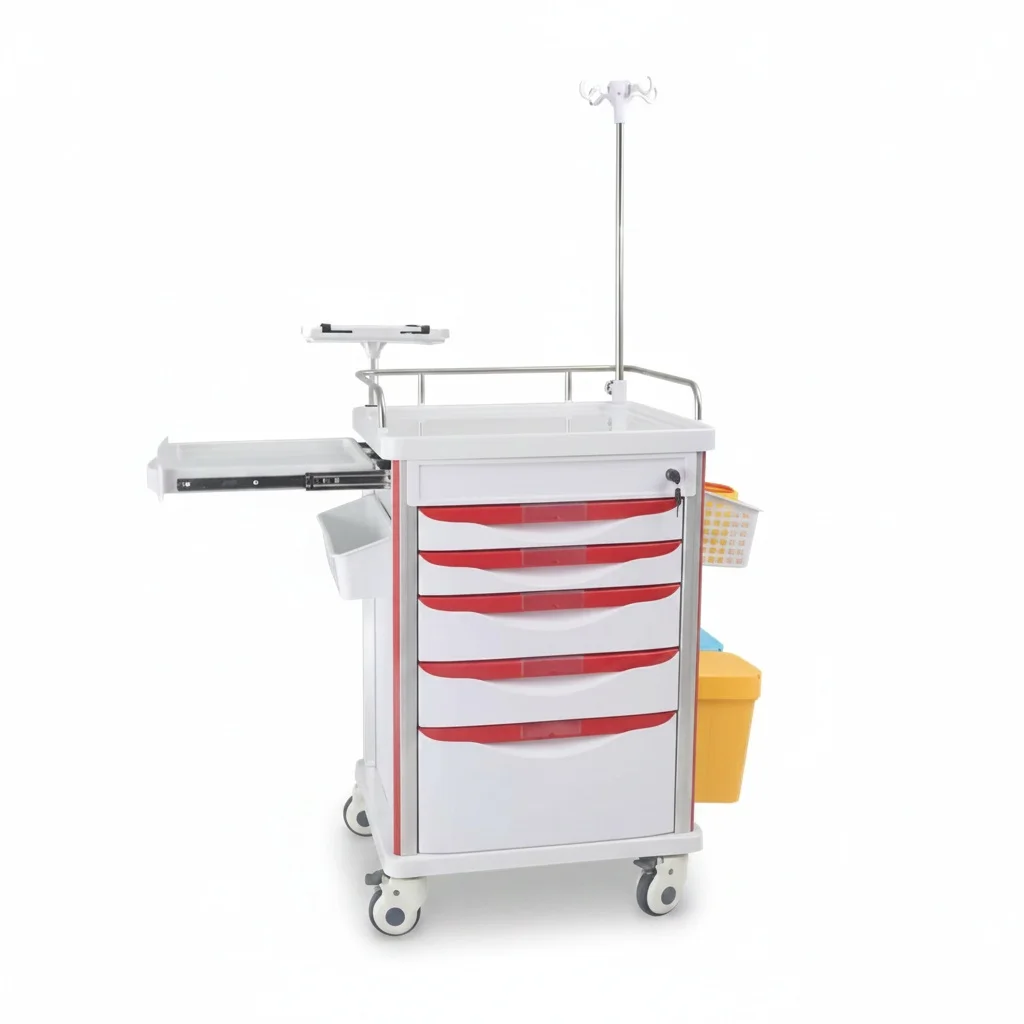 Emergency Trolley, ABS Aluminum Steel 750x475x930mm Crash Cart, with Drawers, Medical Treatment Cart, Hospital Equipment