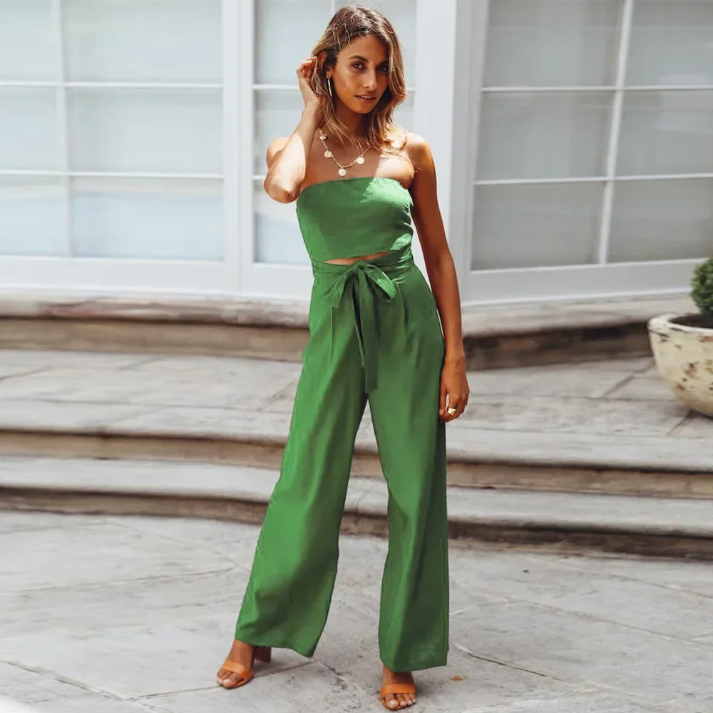 

Women's Spring and Summer New Casual Fashion Rompers Sexy Wipe Chest Backless Slim-fit Lace-up Rompers Straight Trouser Suit