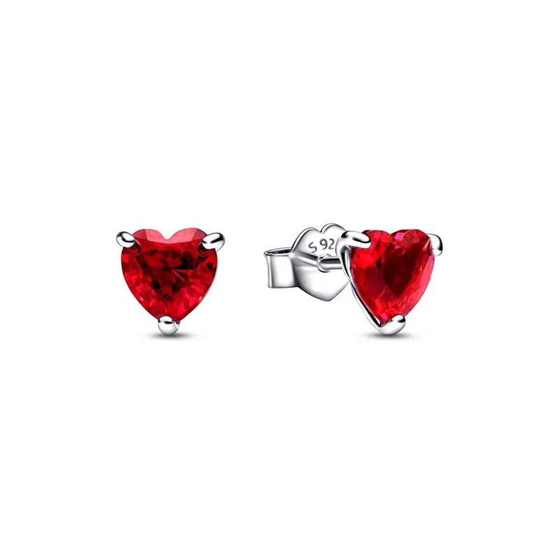 Pendientes de plata 2024 con forma de corazón rojo para mujer, aretes de aro brillantes, joyería fina para el Día de San Valentín, 925