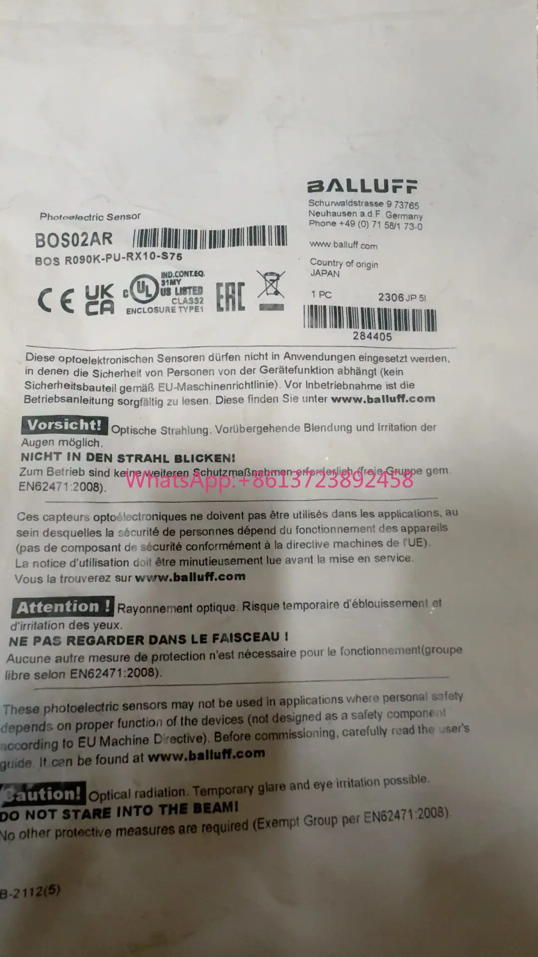 New BALLUFF BALLUFF photoelectric sensor BOS02AR model BOS R090K-PU-RX10-S75 high quality