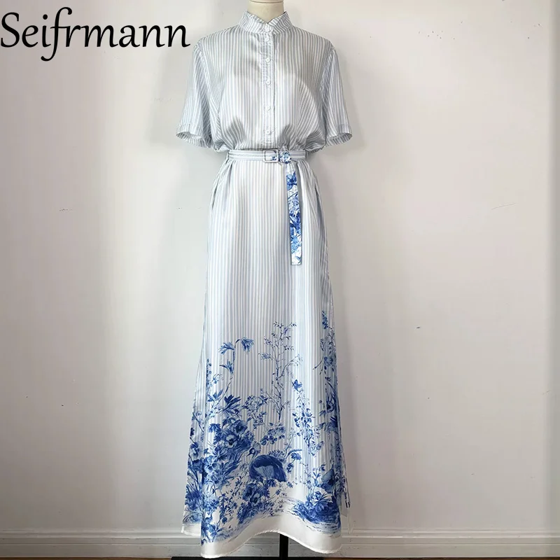 Seifrmann Casual printed striped silk dress stand-up collar short-sleeved lace-up waist long dress 2026 summer women's new style