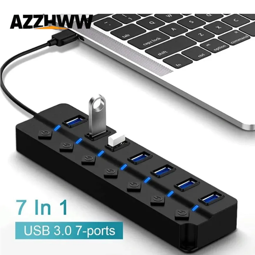 7-Port USB Hub 3.0 USB Hub Expander Splitter With Individual On/Off Switches Lights For MacBook Laptop PC Flash Drive Mobile HDD