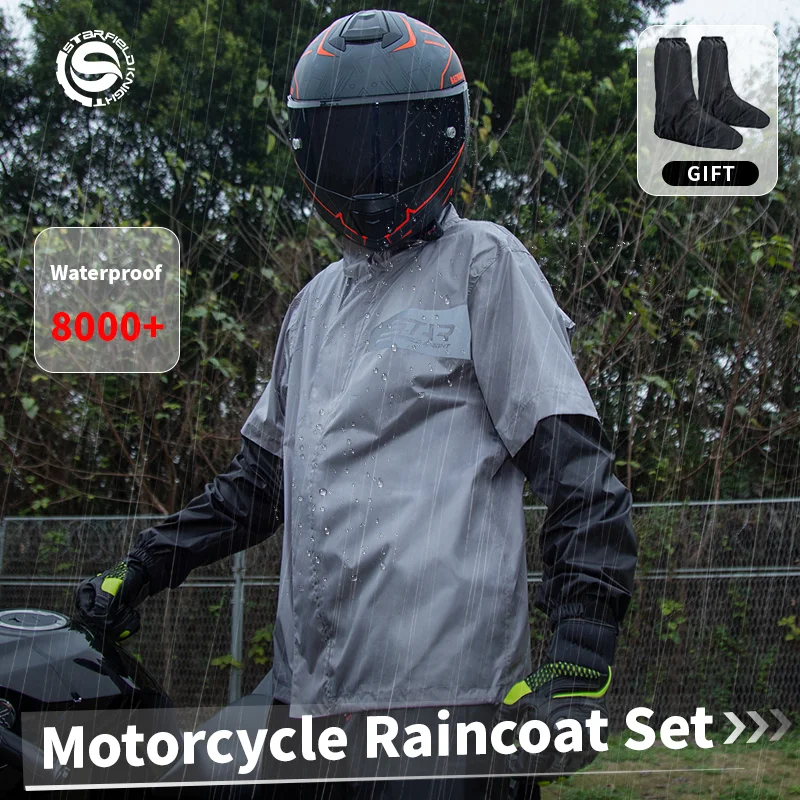 

SFK Grey Motorcycle Raincoat Suit Waterproof Men Women Riding Gear Reflective Logo Raincoat Rainpants Shoes-cover Split 3Pcs/set