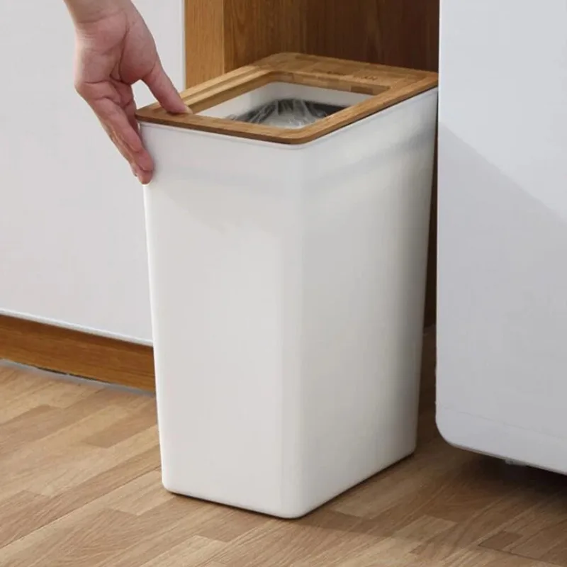 Rectangular Trash Can with Wooden Lid Ring Large Wastebasket White Garbage Bin Can Trash Container for Office Home Bedroom