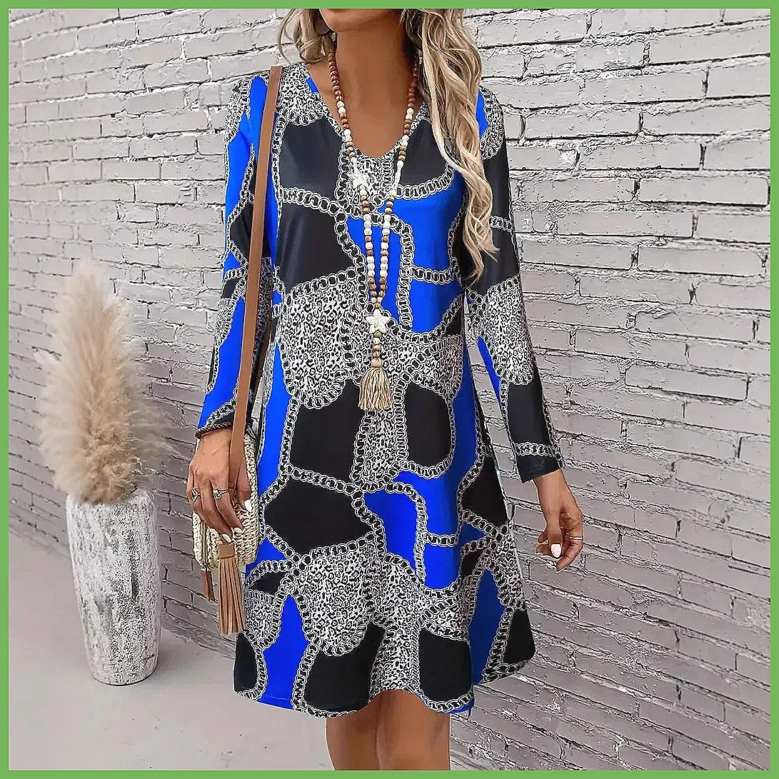 Abito a trapezio con stampa floreale e scollo a V da donna 2025, elegante per feste e serate in stile bohémien