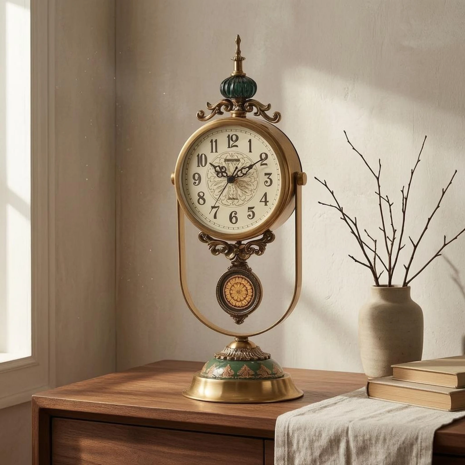 

Vintage Metal Table Timepiece Quartz Movement Decorative Desk Timepiece Home Decor Item Gold-Tone Room Accent Arabic Numerals