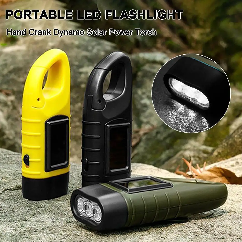 LED Flashlight Hand Crank Solar Powered Rechargeable Survival Gear Self Powered Charging Torch Dynamo for Fishing Boating Hiking