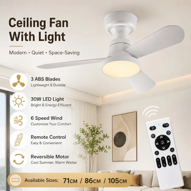 71cm Ceiling Fan with LED Light Remote Control 6 Speed Reversible Motor Dimmable for Bedroom Living Room Ceiling Fan Light