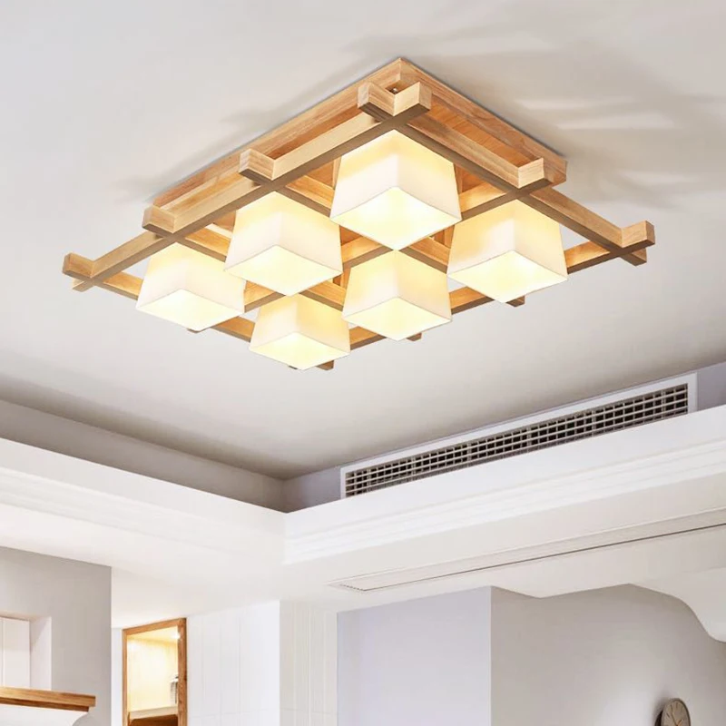 Nordic Living Room Lamp Solid Wood Ceiling Lights LED E27 Milky White Glass Japanese Tatami Study Hotel Bedroom Ceiling Lamp