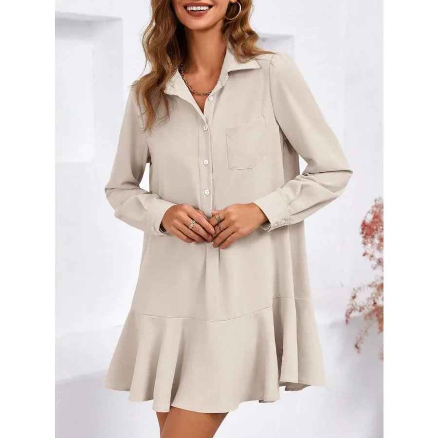 

【New style】Women's Casual Button Down Shirt Dress Long Sleeve Collared Pleated Swing Mini Dress For Effortless Style