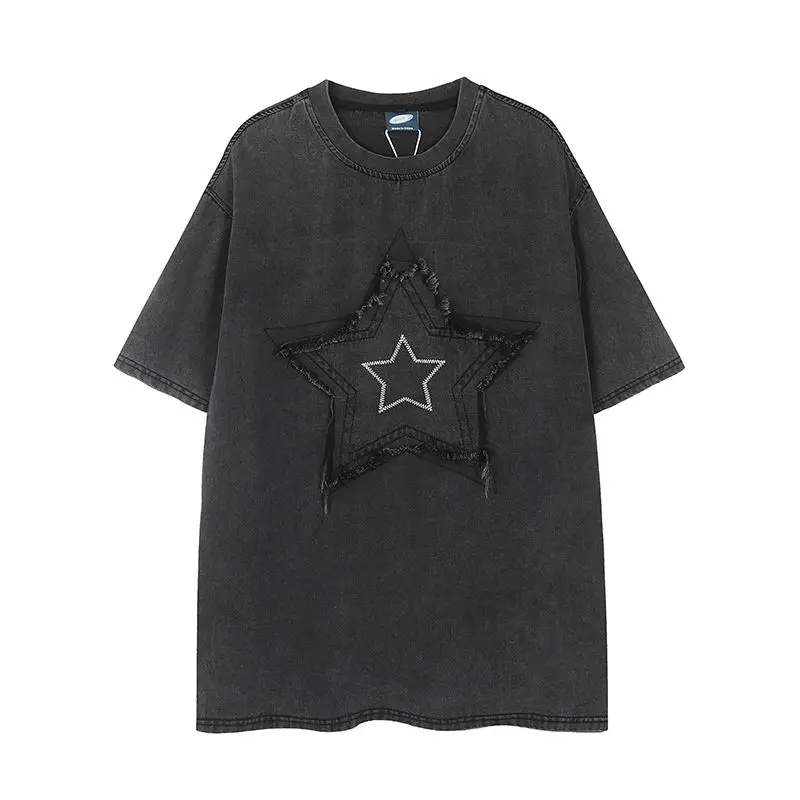 American Retro Harajuku Summer New Patch Star Embroidery Design Gothic Male And Female Student Couple Casual Round Neck T-shirt