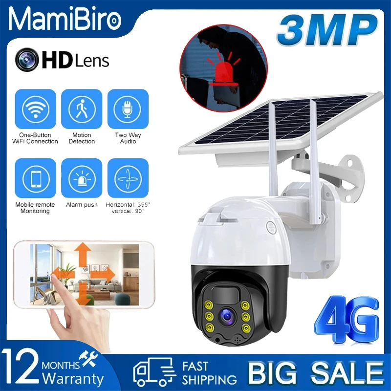 

3MP 360 Rotate PTZ Solar IP Camera 4G SIM Card/WIFI Motion detection Alarm Recording Color Night Vision CCTV Security Camera