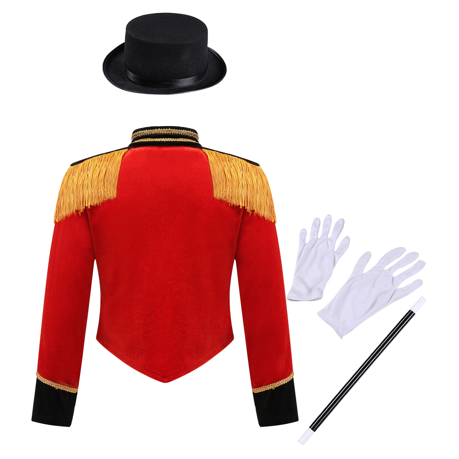 Kids Girls Circus Ringmaster Costume Set Long Sleeve Stand Collar Tassel Shoulder Button Down Jacket with Hat Magic Wand Gloves