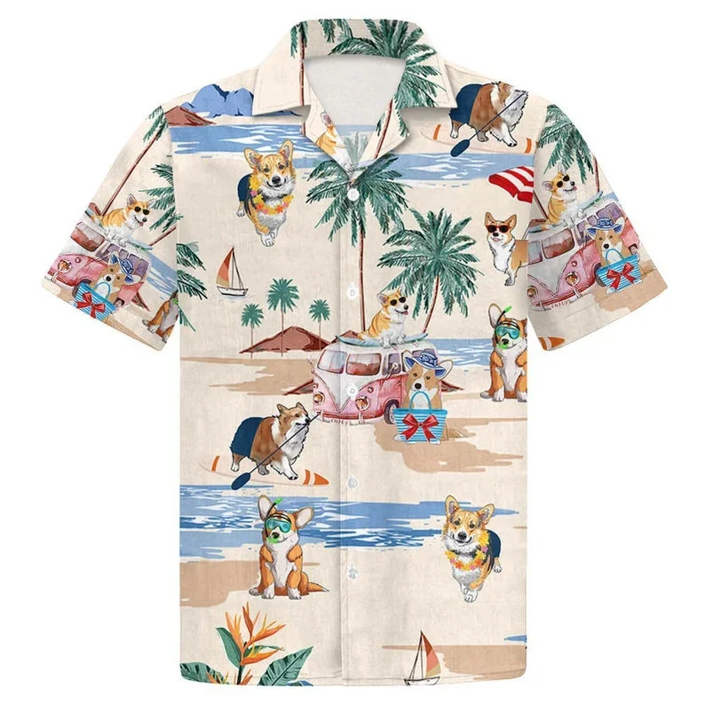 Hawaiian Shirts for Men and Women Kawaii Corgi Shirts Cartoon Print Beach Short Sleeve Summer Casual Button Up Hawaii Shirts