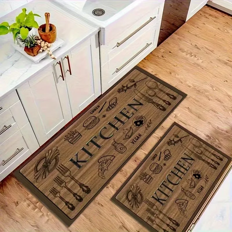 Wood-grain Kitchenware Pattern Rugs for Kitchen, Living Room, Porch, Balcony, and Home Decor Hallway Laundry Room Entrance Mats