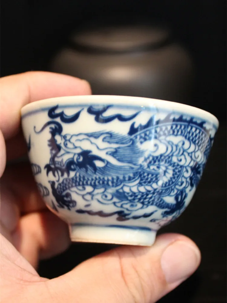 Antique Dragon Tea Cup, Ceramic Teacup, Qinghua Retro Puer Cup, Porcelain Small Tea Bowl, High Quality