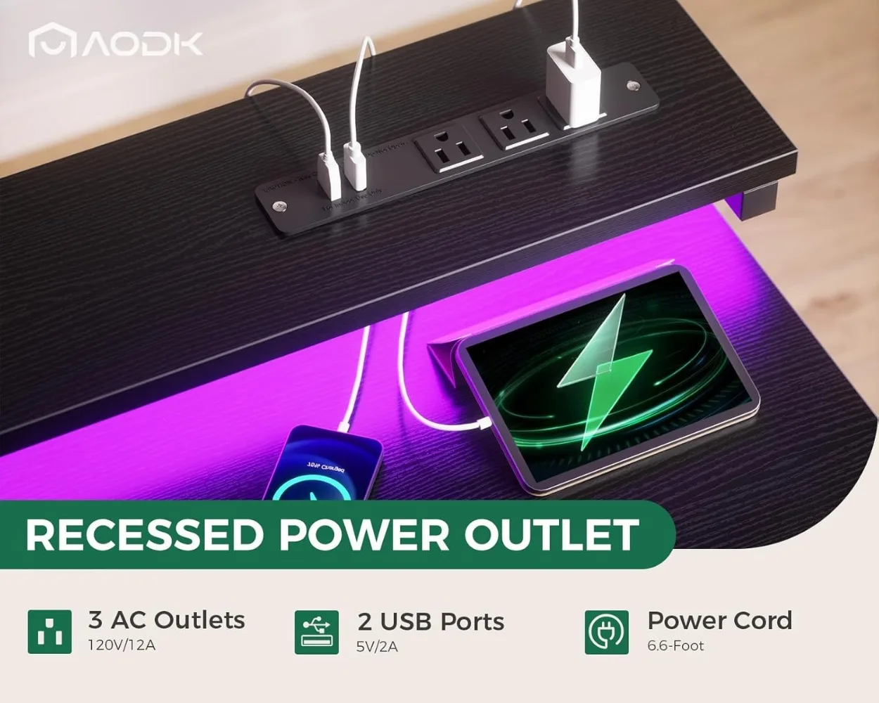 AODK-Mesa do computador com gaveta, mesa reversível com luzes LED e Power Outlet, monitor ajustável prateleira, Home Office, 40 em