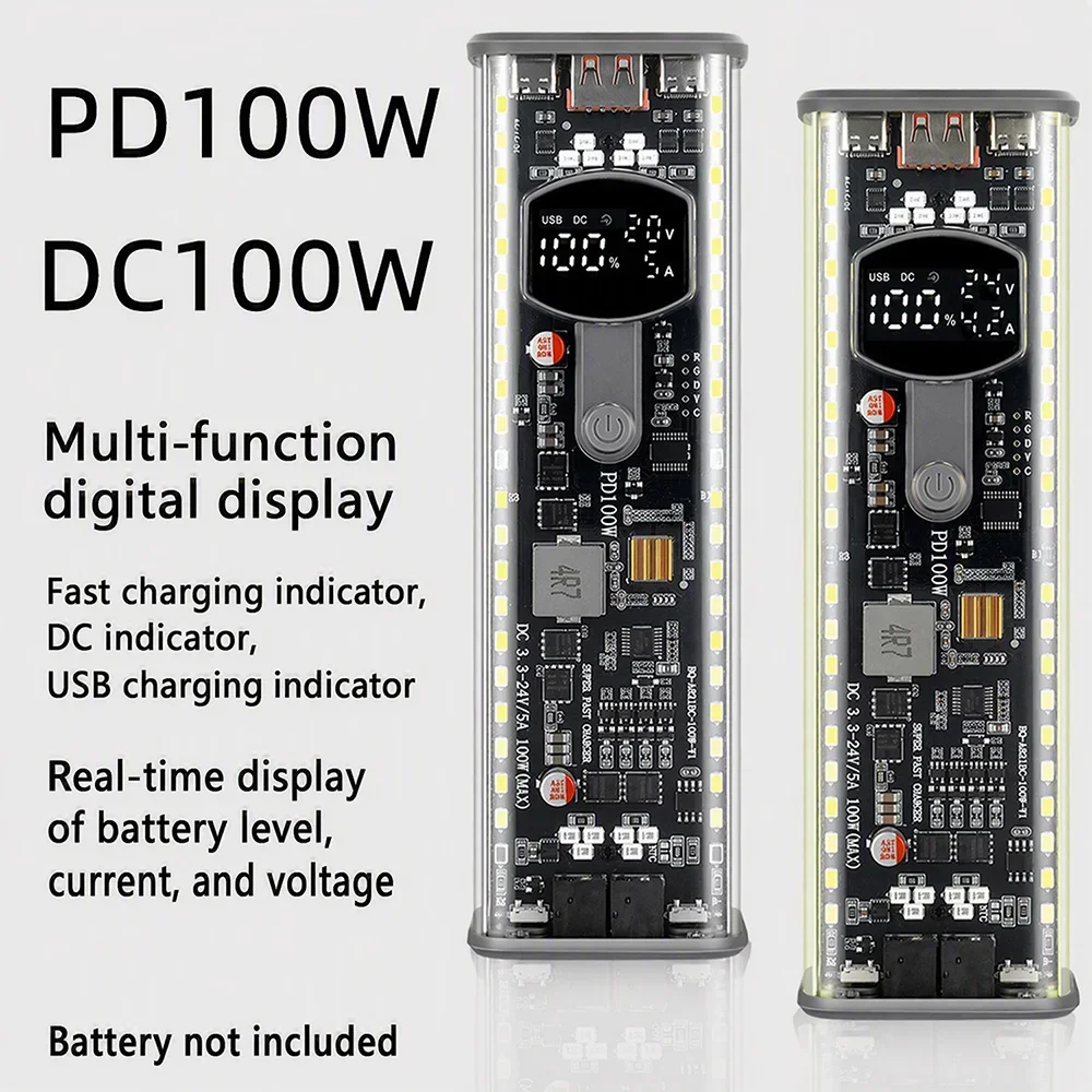 PD100W Transparent Power Bank Case Solder-Free 8-Cell 21700 Battery Holder DC Voltage Regulation High-Brightness LED for Outdoor