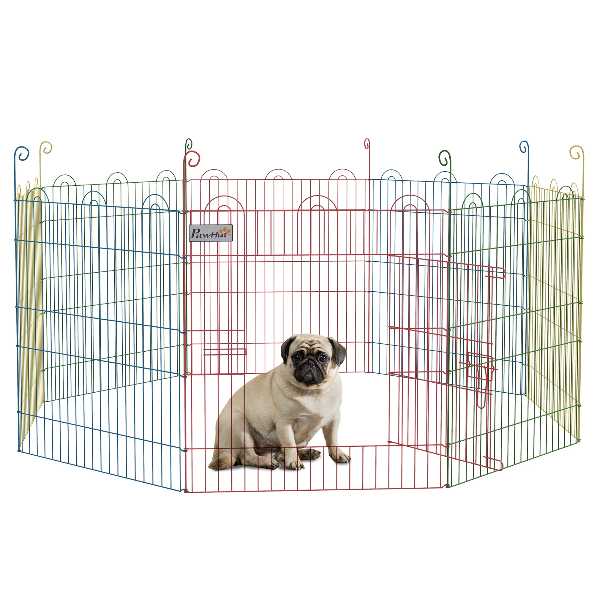 PawHut Parque Plegable para Perros de 8 Paneles Ø156x60 cm Valla Metálica con Puerta Estacas Interior Exterior Multicolor