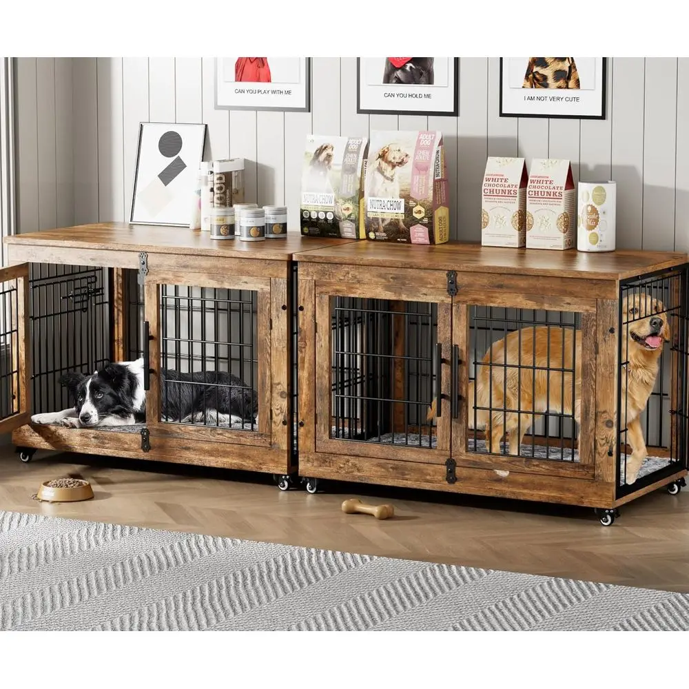 

Double Wooden Dog Cage Set with Cushion & Wheels, 38'' Heavy Duty Crate for Dogs up to 70 lbs, Rustic Brown