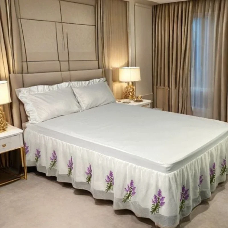 48cm High Flower Embroidery Bed Skirt Double-layer Fabric 7.5cm Wide Elastic Band Bed Apron Simple Household Bed Edge Dust Cover