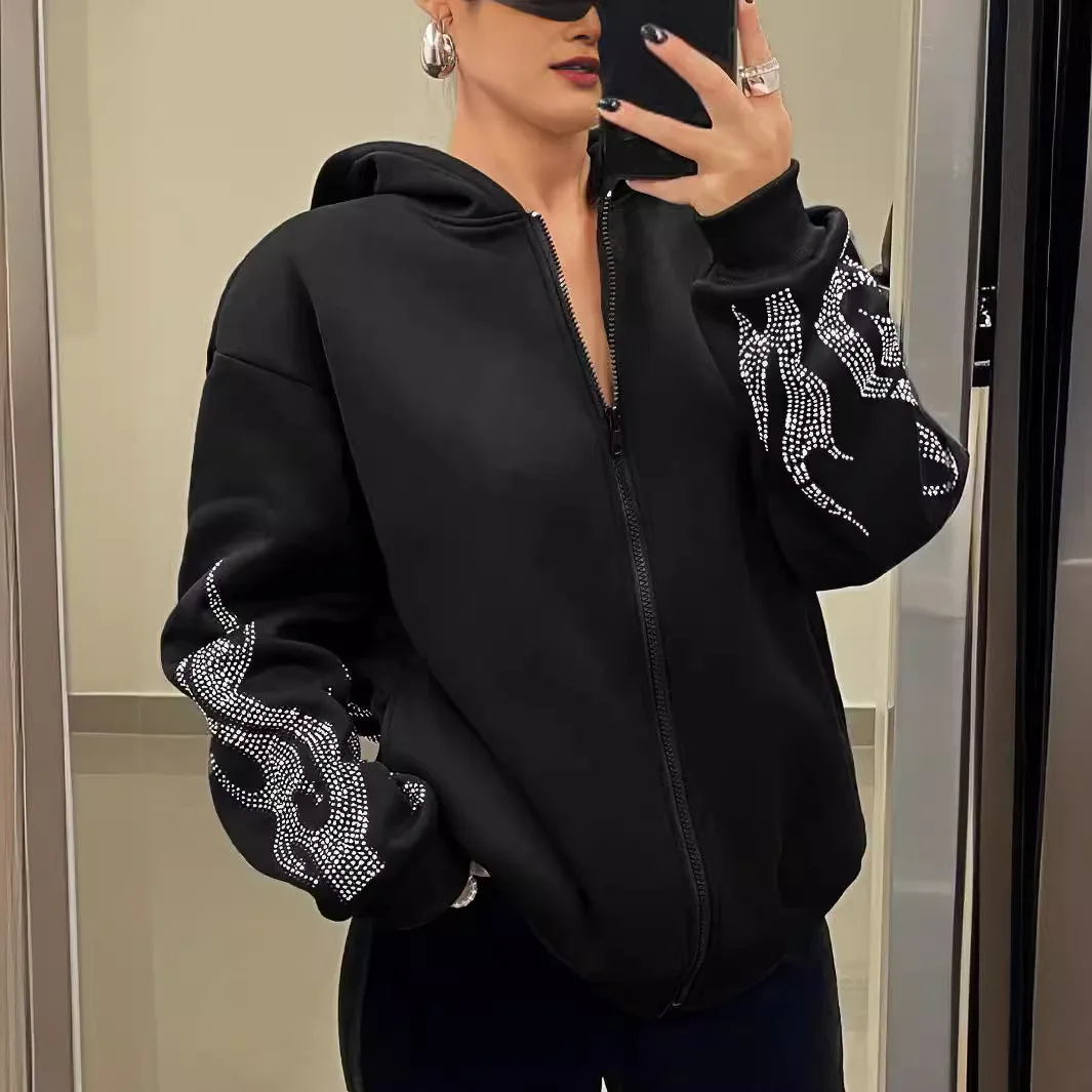 الخريف والشتاء جديد Y2g الشارع الاتجاه لهب حجر الراين فضفاض البريدي مقنعين سترة زوجين معطف للنساء #3