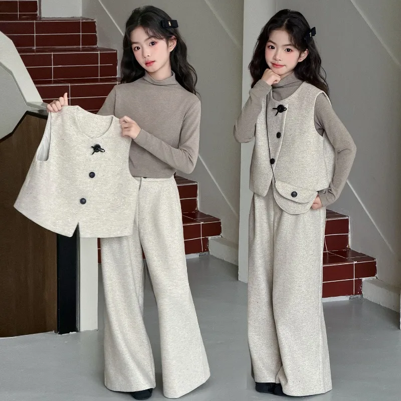 ZOETOPKID Girls Spring Autumn Wide Leg Pants Three Piece Set Soft Cotton Long Sleeve Base Layer Top Vest Outfit for Kids