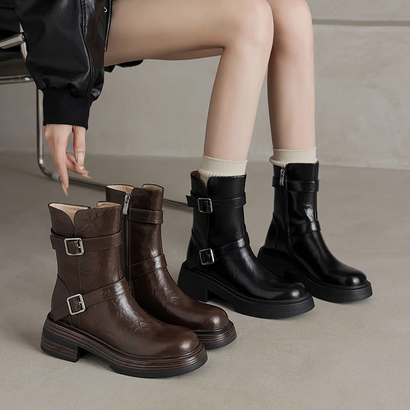 

2026 новые осенне-зимние женские ботильоны из натуральной кожи высотой 22-25 см, короткие ботинки из воловьей кожи с круглым носком и боковой молнией с пряжкой на толстом каблуке