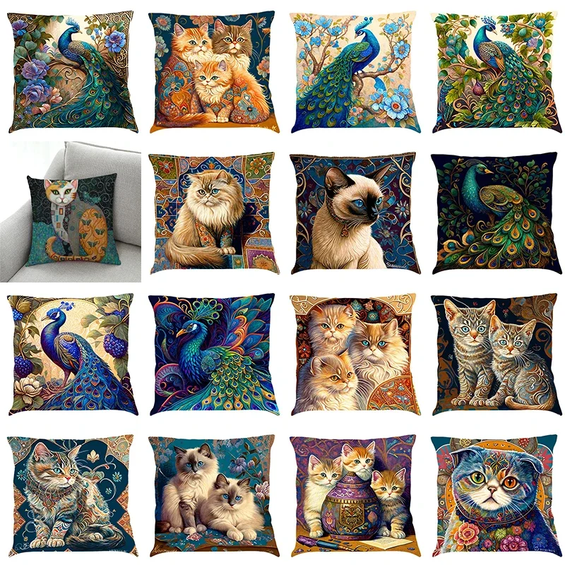 Nordic style peacock cat puppy oil painting print pillowcase 45x45 cm living room sofa cushion cover bedroom home decoration