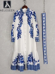 AELESEEN Runway Fashion Long Dress Women Autumn Winter Turn-down Collar Blue Porcelian Printed Luxury Beading Diamonds Loose